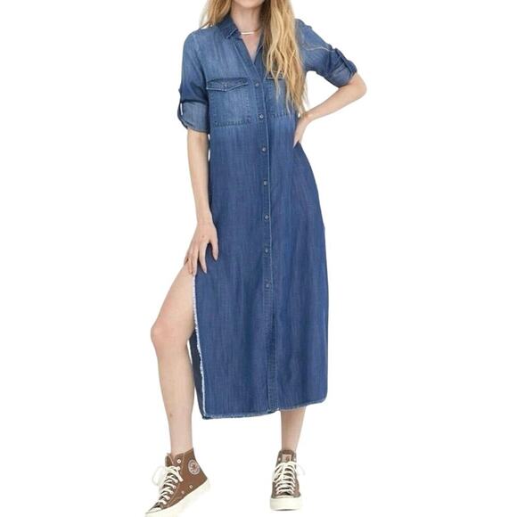 BELLA DAHL Tencel Lyocell Denim Chambray Split Raw Hem Shirt Dress Tab Sleeve M - Picture 2 of 7